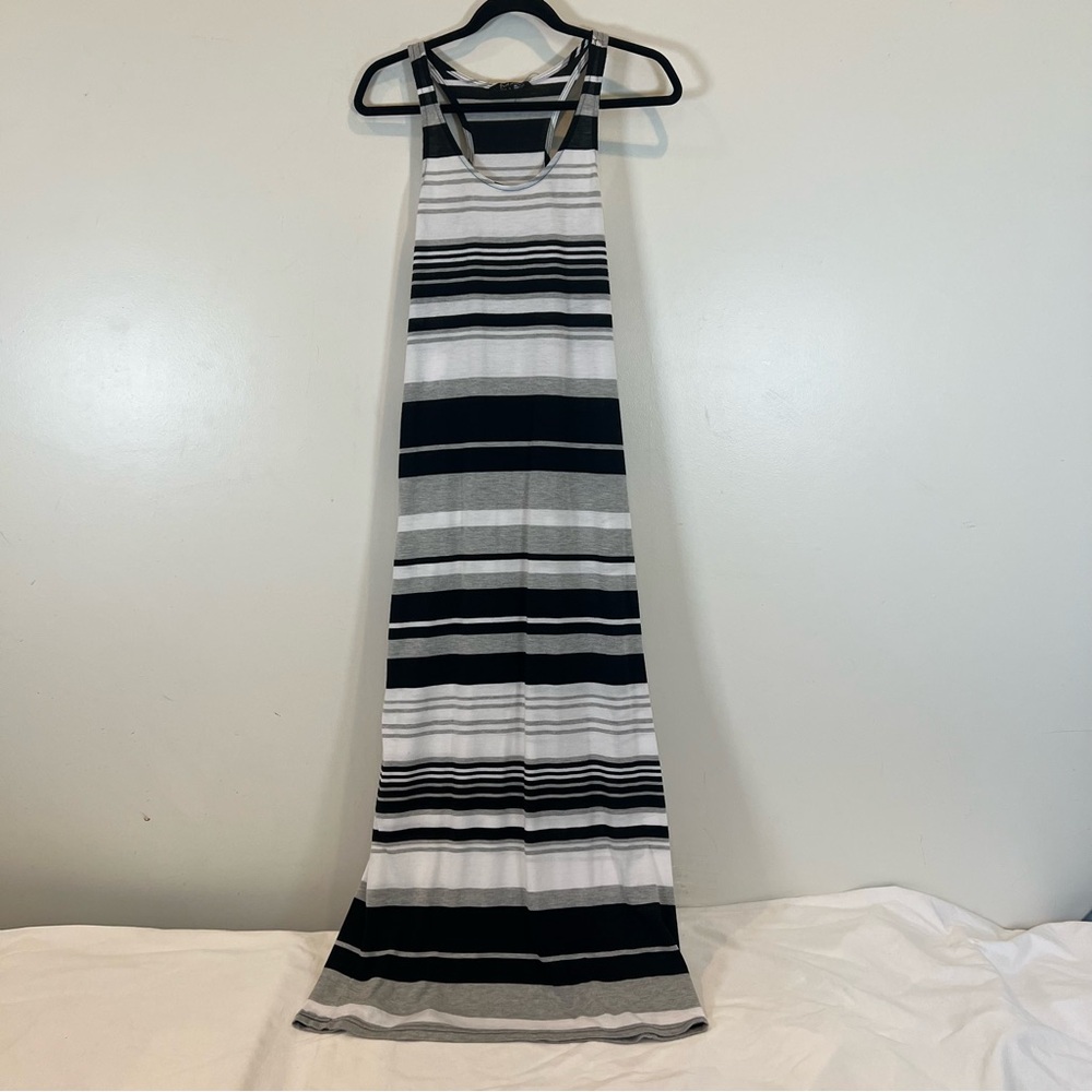 Just Love Tank Maxi Dress Black Stripe Racerback Poly Blend Jersey Stretch L